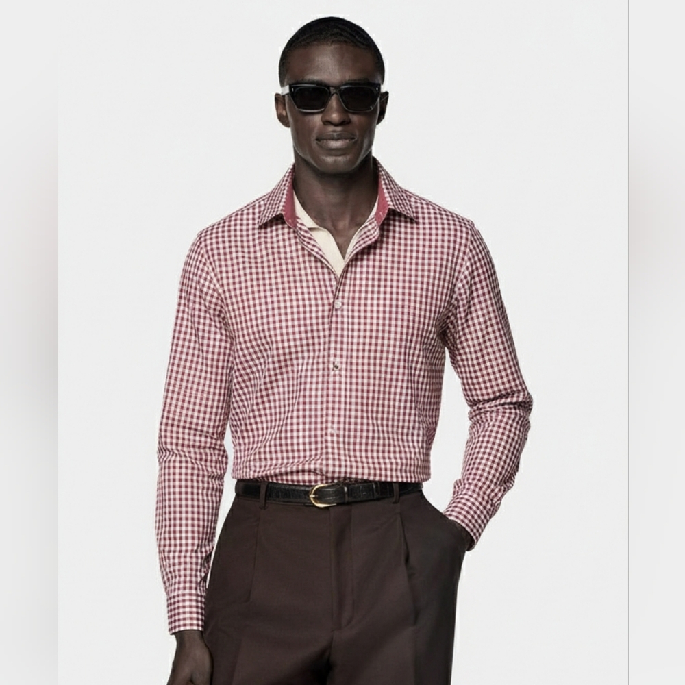 T.M.Lewin Men's Red and White Checkered Shirt - Picture 1 of 4